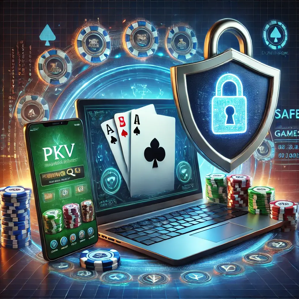 Ilustrasi PKV Games online yang aman dengan ikon perisai dan gembok, menampilkan game Poker, DominoQQ, dan BandarQ di perangkat digital. Gambar menunjukkan keamanan akun dan transaksi di SewaQQ.