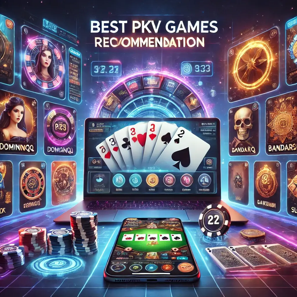 Tampilan digital PKV Games terbaik dengan permainan Poker, DominoQQ, BandarQ, dan Capsa Susun. Gambar menampilkan antarmuka futuristik dengan elemen neon, chip poker, dan kartu, memberikan pengalaman bermain premium di Rajapoker88.plus.